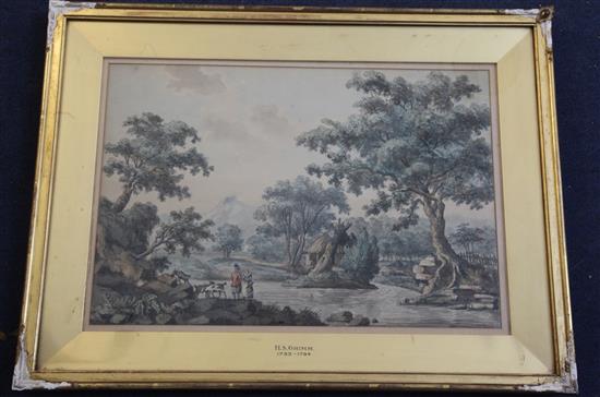 Samuel Hieronymous Grimm (1733-1844) Figures in a river landscape 12.5 x 18in.